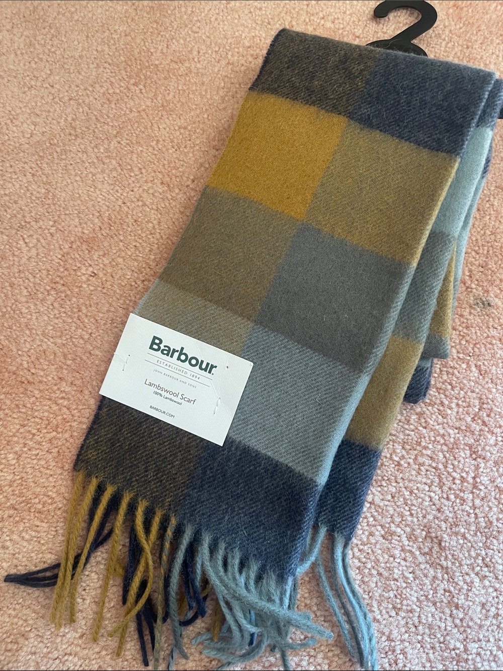 Barbour Lambswool Tattersall Scarf in Mustard, Slate Blue, Olive & Cream